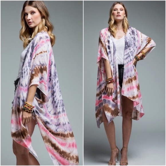 Bohemian Tie Dye Kimono Pink Purple Cover up Gypsy - Picture 7 of 11